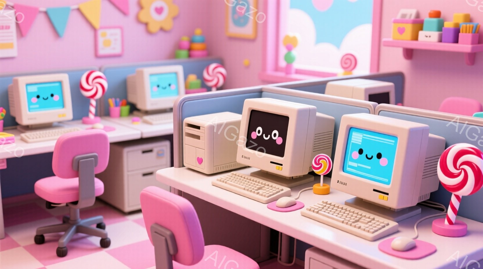 明るいピンク色の部屋には、笑顔の顔が描かれたレトロなコンピューターが並んでいます。各コンピューターの横にはキャンディーや文房具が置かれ、明るくポップな雰囲気を作り出しています。背景にはカラフルな装飾が - AI生成フリー素材