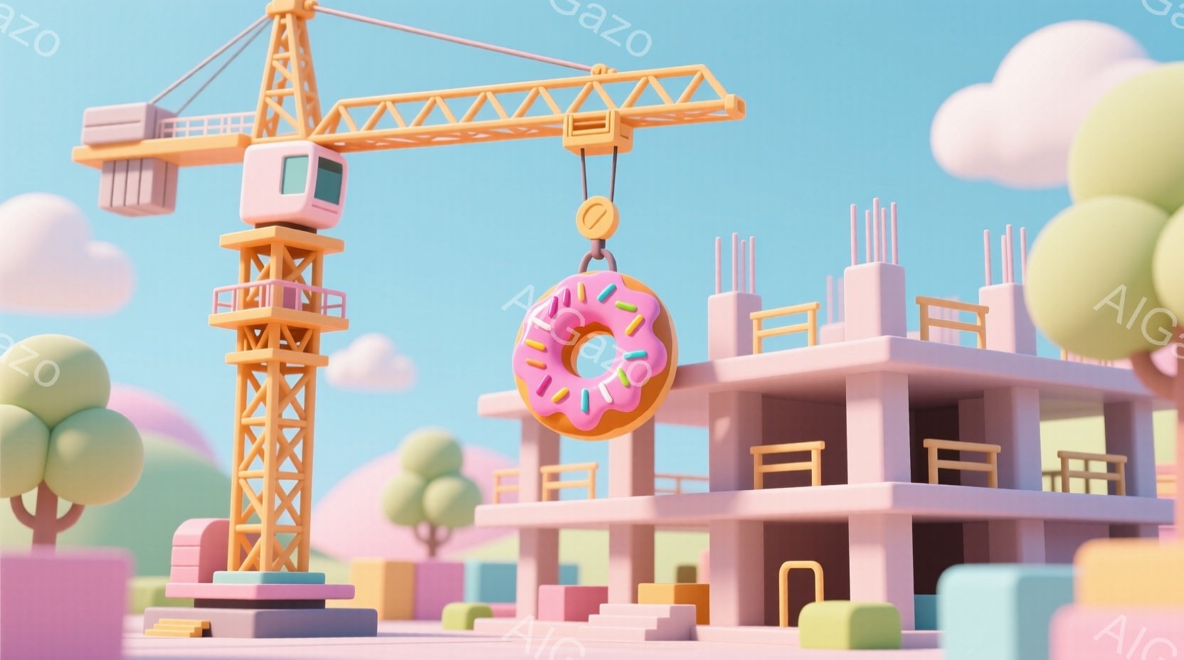 明るいパステルカラーで構成された、建設現場のイラストレーションです。クレーンがピンク色のドーナツを吊り下げており、背景にはカラフルな建物や丸い木々が見えます。全体的に、夢のような、遊び心のある雰囲気が - AI生成フリー素材