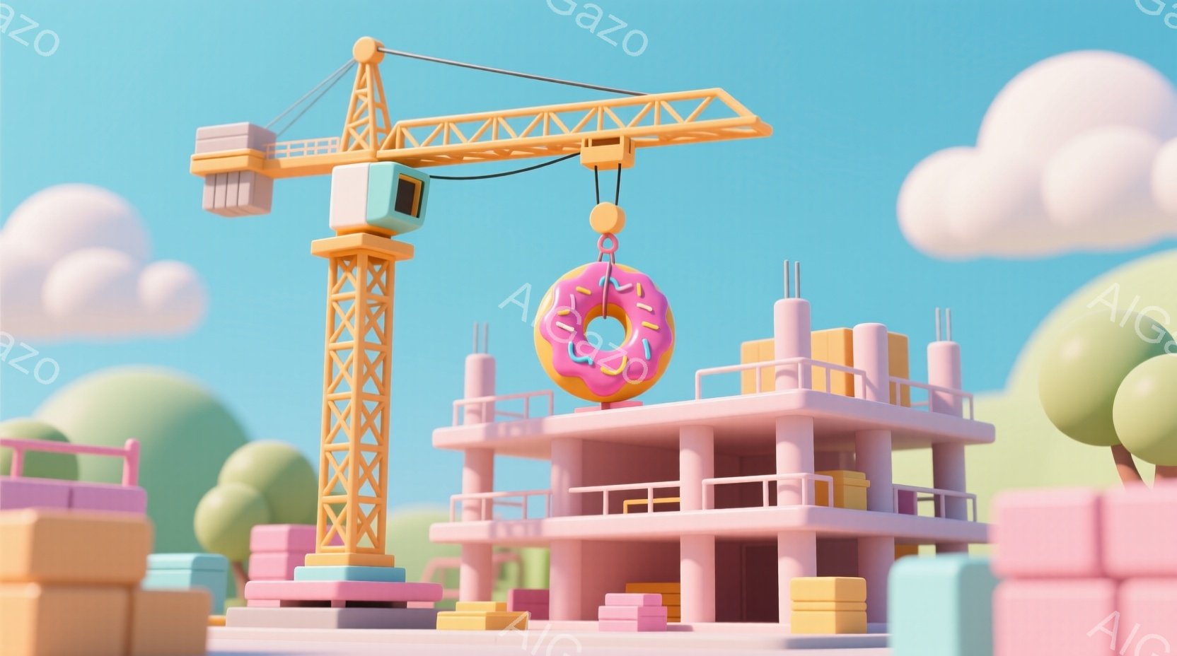 明るいパステルカラーで構成された、建設現場のイラストレーションです。オレンジ色のクレーンがピンク色の建物にドーナツを吊るしており、周囲にはカラフルな積み重ねられたブロックや、丸みを帯びた緑の木々が配置されています。空は水色で、ふわふわとした白い雲が浮かび、全体的に遊び心があり、夢のような雰囲気です。