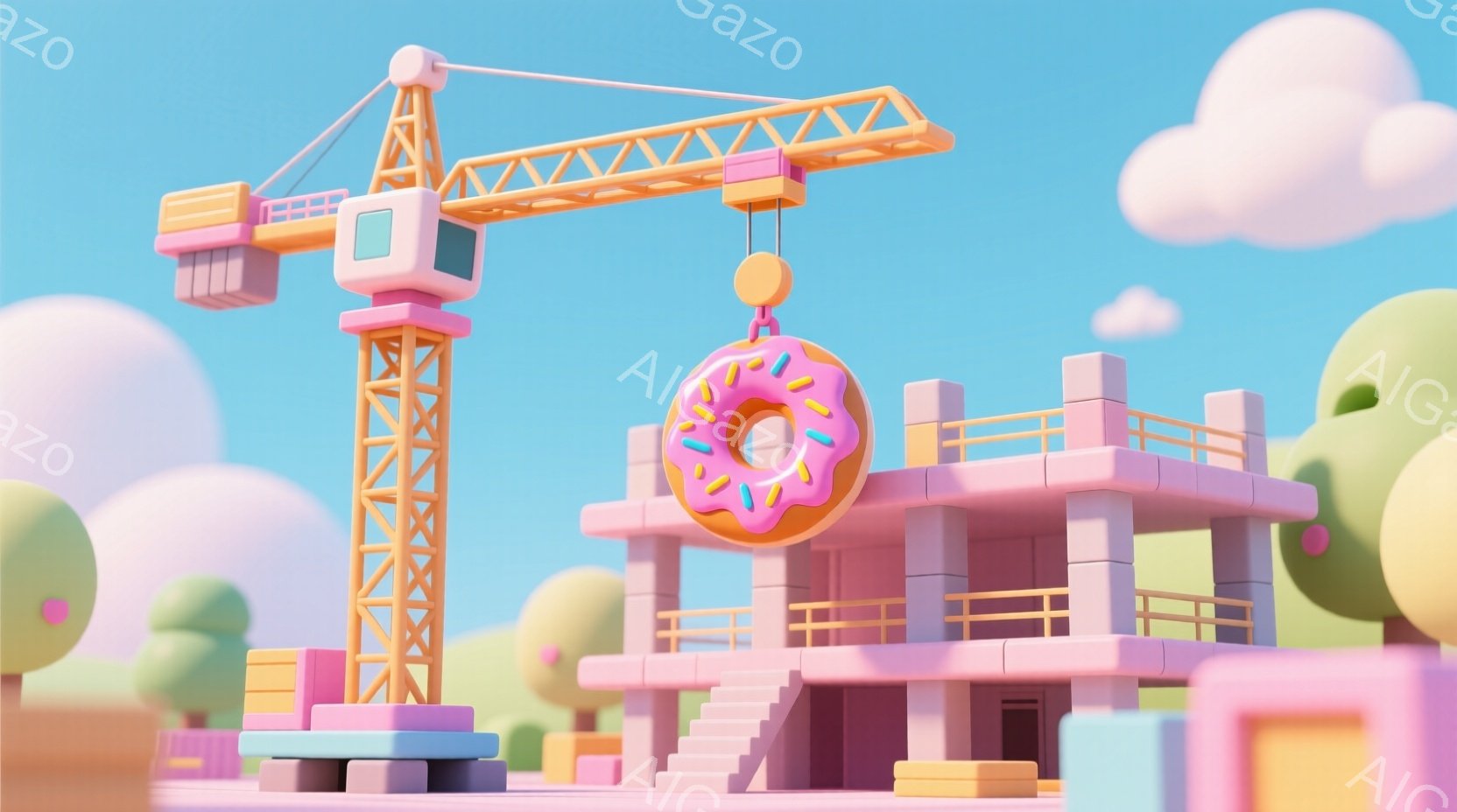 パステルカラーを基調とした可愛らしい風景です。建設中の建物があり、クレーンで大きなドーナツが吊り下げられています。背景には丸みを帯びた緑の木々と、ふわふわとした雲が浮かぶ青空が広がっており、全体的に夢のような、遊び心のある雰囲気が漂っています。