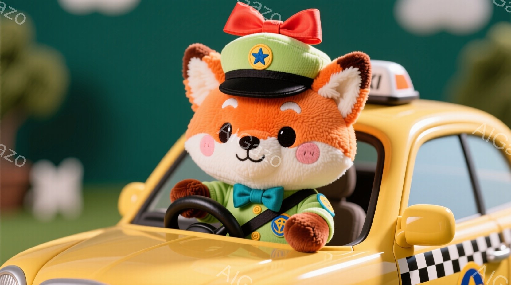 ふわふわのオレンジ色のキツネが、黄色いタクシーを運転しています。キツネは緑色の制服に青いリボン、そして頭には星のついた帽子をかぶっており、とても楽しそうに運転しています。背景は少しぼやけた緑色の風景で、明るく陽気な雰囲気が漂っています。