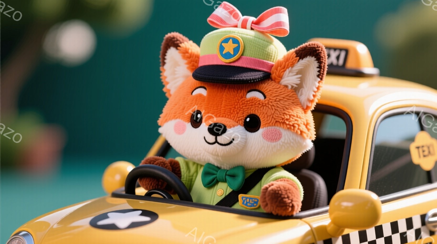 明るいオレンジ色のふわふわしたキツネが、黄色いタクシーを運転しています。緑色のシャツに蝶ネクタイをつけ、頭には星のついた帽子をかぶっており、表情は明るく楽しそうです。背景はぼやけた緑色で、晴れた日の穏やかな雰囲気が漂っています。