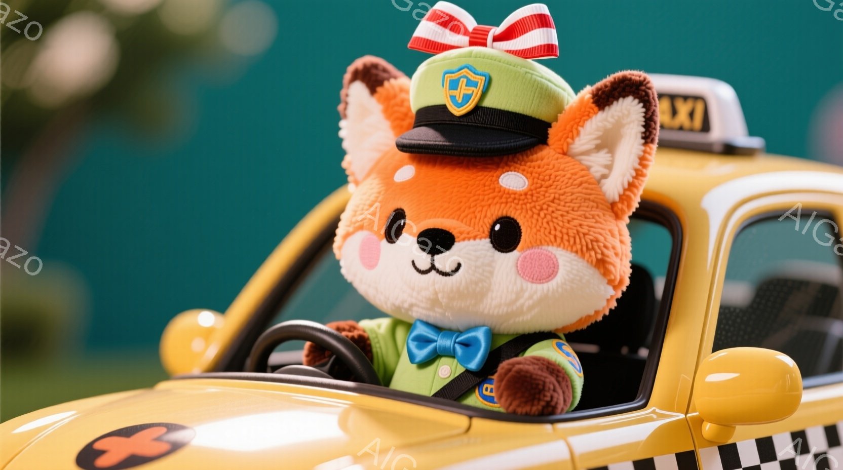 ふわふわのオレンジ色のキツネのキャラクターが、黄色いタクシーの運転席に座っています。緑色のジャケットに蝶ネクタイ、そして頭には赤いリボンが付いた帽子を被っており、表情は明るく、運転を楽しんでいるようです。背景には緑豊かな植物が見え、全体的に可愛らしく温かい雰囲気です。