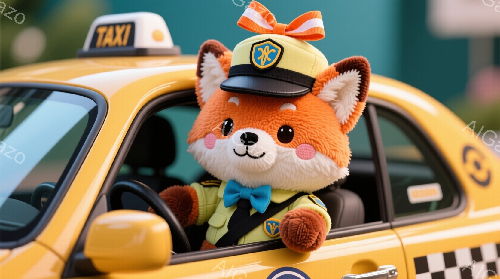 明るい黄色のタクシーの運転席に、ふわふわのオレンジ色のキツネのキャラクターが座っています。キツネは運転手らしく、制服のようなベストと蝶ネクタイ、そして帽子を身につけ、真剣な表情でハンドルを握っています。背景はぼやけていますが、都市部のような建物が見え、全体的に明るく陽気な雰囲気です。