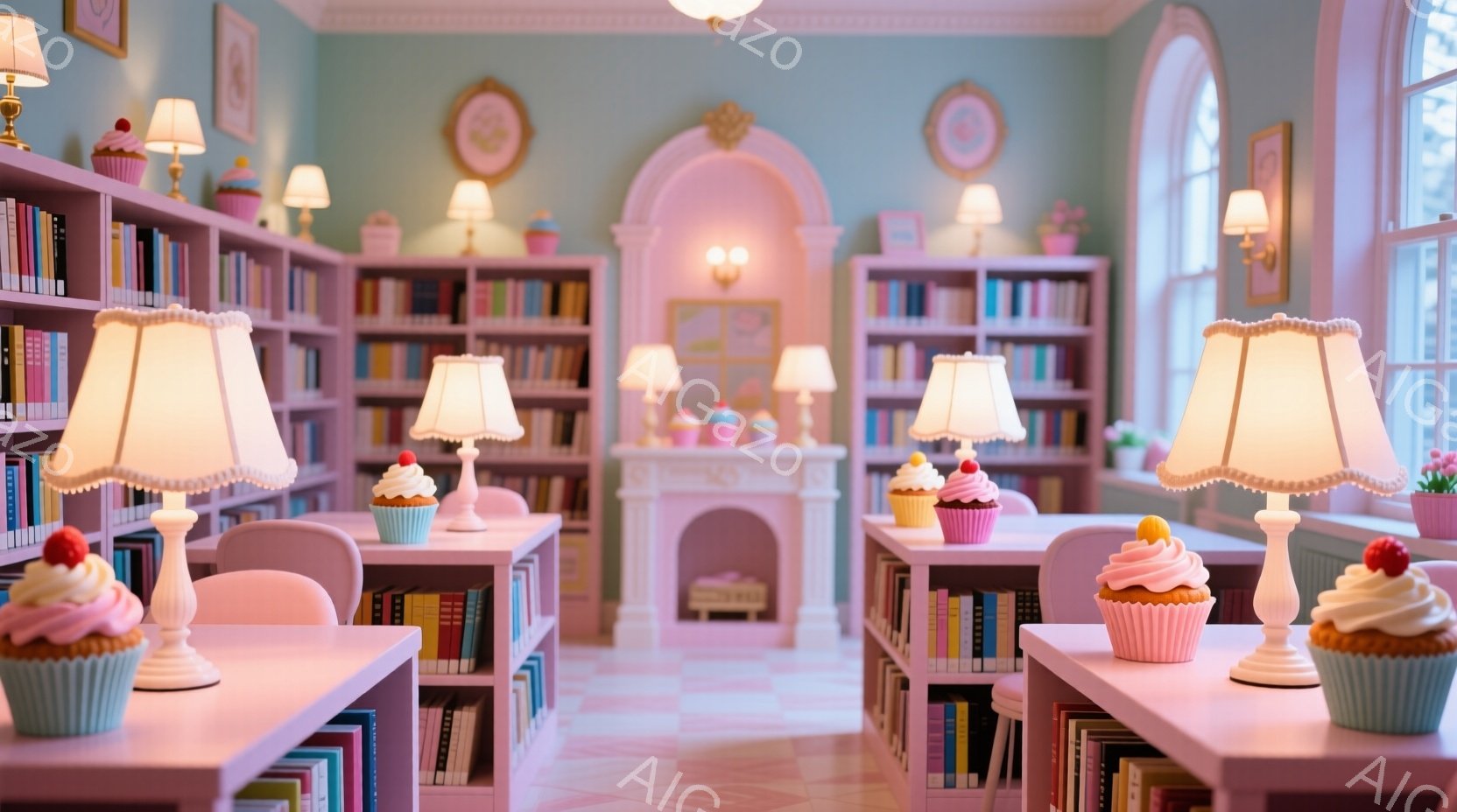 明るいピンク色の図書館で、各机の上にはクリームとイチゴが飾られたカップケーキが置かれている。壁一面の本棚が並び、暖炉と装飾的な壁の装飾が、甘くて夢のような雰囲気を醸し出している。窓からは柔らかい光が差 - AI生成フリー素材