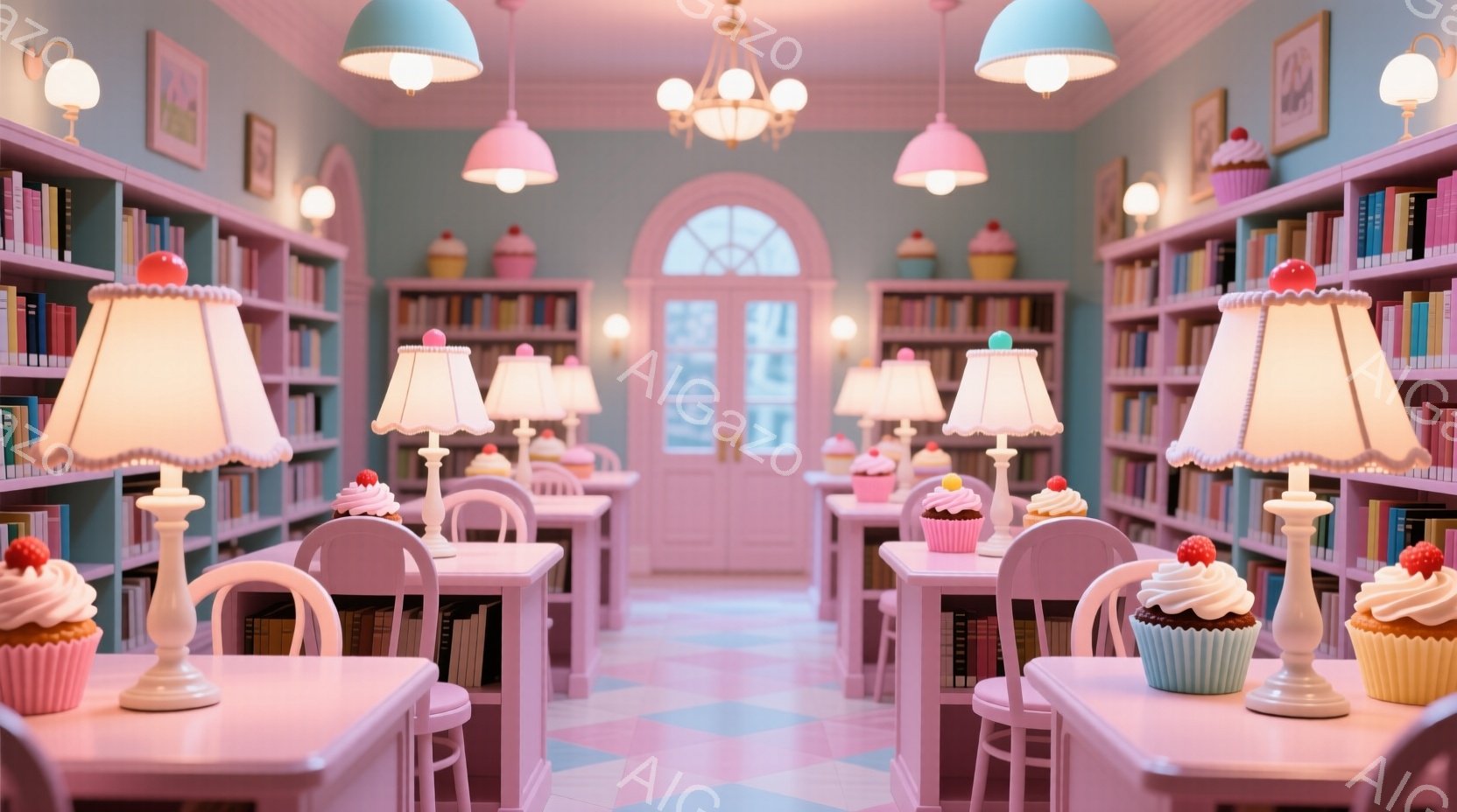 鮮やかなピンク色で統一された図書館内部で、可愛らしいカップケーキが各机の上に飾られています。クリーム色のランプシェードとピンク色の机と椅子が並び、壁一面の本棚が本のコレクションを展示しています。全体的に甘くて夢のような、おとぎ話のような雰囲気で、柔らかい光が優雅さを添えています。