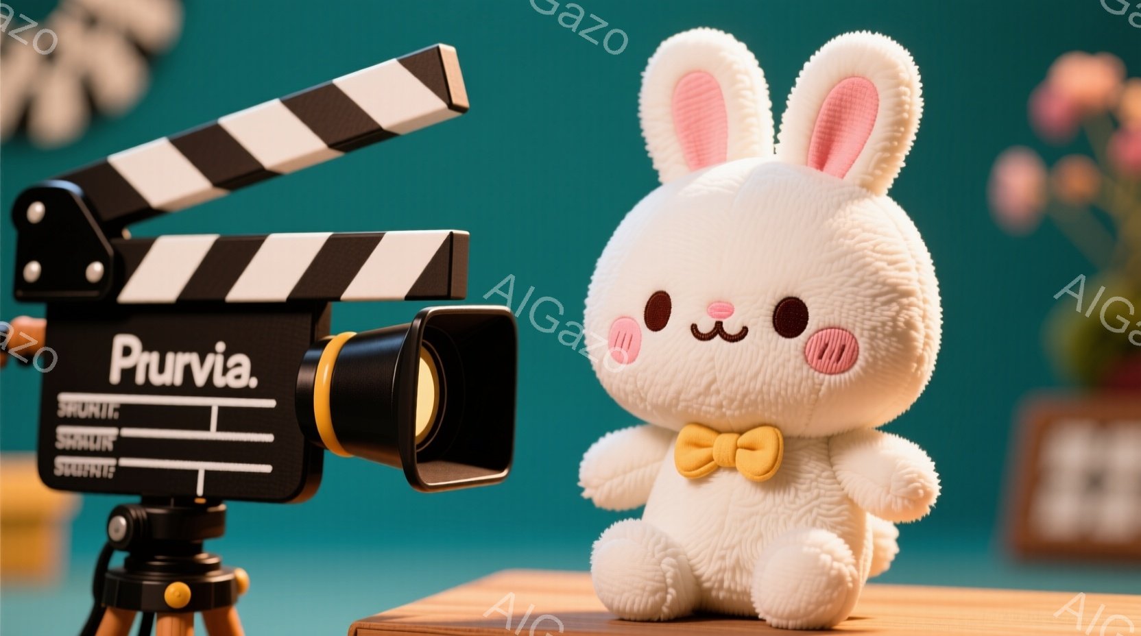 白くてふわふわのウサギのぬいぐるみは、黄色いリボンをつけて座っており、丸い頬はほんのり赤く、愛らしい表情をしています。背景には、映画のクランク、小さな植物、木製のテーブルがあり、鮮やかな青色の背景が、 - AI生成フリー素材