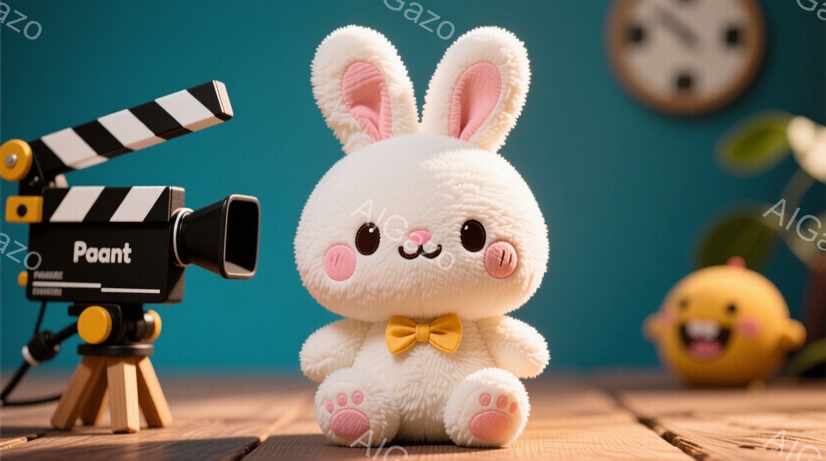 白くてふわふわのウサギのぬいぐるみが、木のテーブルの上に座っています。黄色いリボンをつけており、可愛らしい表情をしています。背景には、映画のクランクと、明るい黄色のスマイリーフェイスの置物がぼんやりと見え、全体的に温かく、遊び心のある雰囲気です。