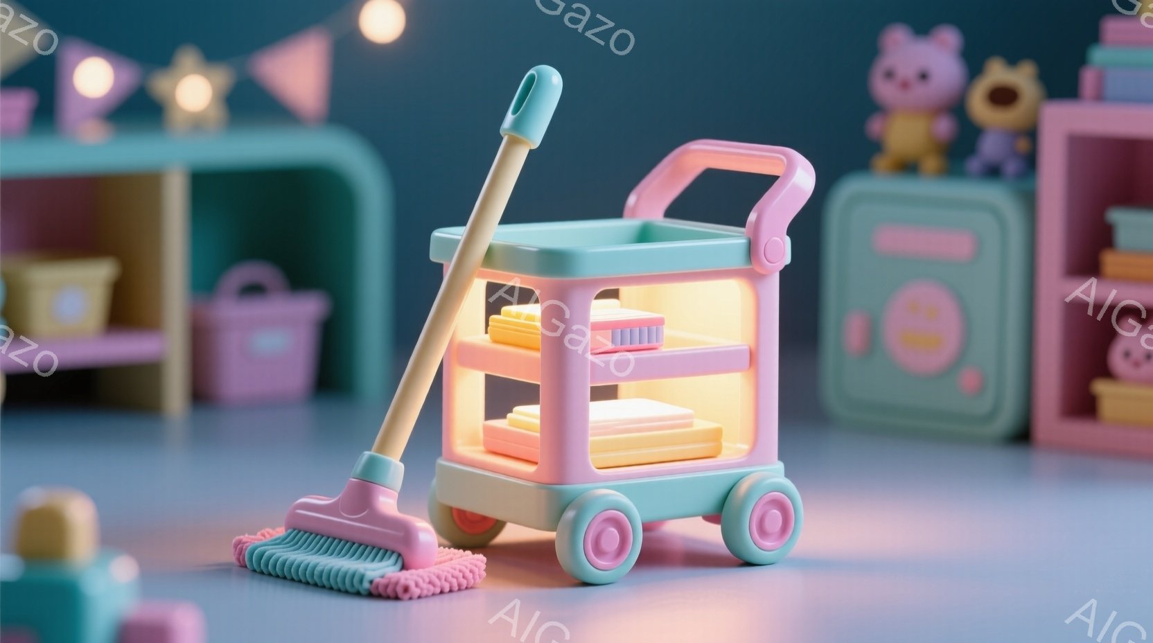 柔らかいピンクと水色のトーンが支配された、子供部屋の一角が描かれています。モップとバケツが取り付けられた、おもちゃのカートが中央に置かれ、明るい光を受けて輝いています。背景には、パステルカラーの収納棚や積み木が配置され、遊び心のある、暖かく穏やかな雰囲気を醸し出しています。