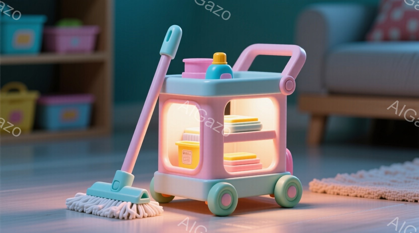 柔らかいピンクと水色のプラスチック製のおもちゃの掃除用具セットが、明るい床の上に置かれています。セットには、モップ、洗剤ボトル、布などが含まれており、透明なケースに収納されています。背景には、カラフル - AI生成フリー素材