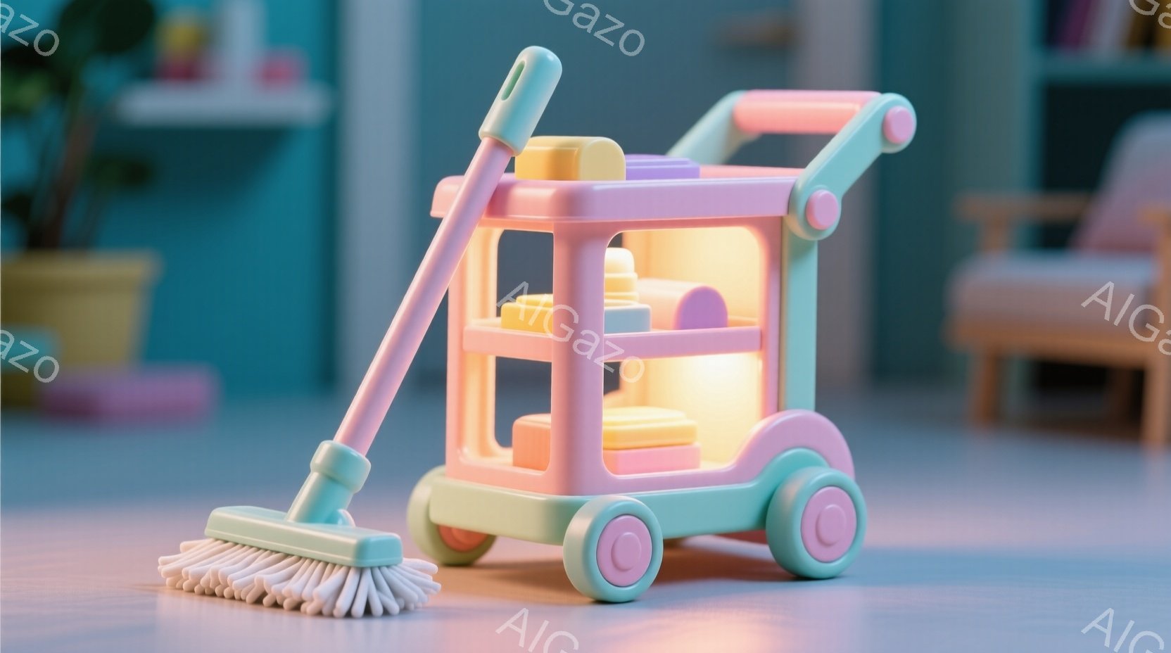 明るいピンクとミントグリーンのトイレットペーパーホルダーが写っている。ホルダーの中にはロール状のトイレットペーパーがいくつか収納されており、下部には掃除道具であるホウキが立てかけられている。背景は薄いパステルカラーの壁と家具で、全体的に明るく、遊び心のある雰囲気が漂っている。