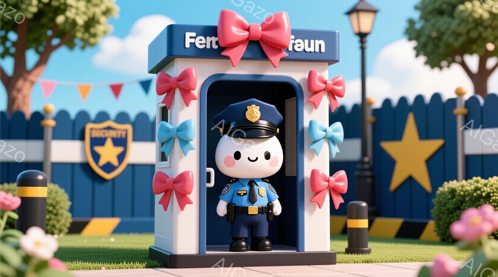 丸い顔をした小さな警官のキャラクターが、ピンク色のリボンで飾られた小さな建物から出てきています。警官は青い制服、帽子、そしてベルトにアクセサリーを身に着けており、真剣な表情をしています。背景には青いフェンス、緑の芝生、そして花が咲き乱れ、明るく陽気な雰囲気です。