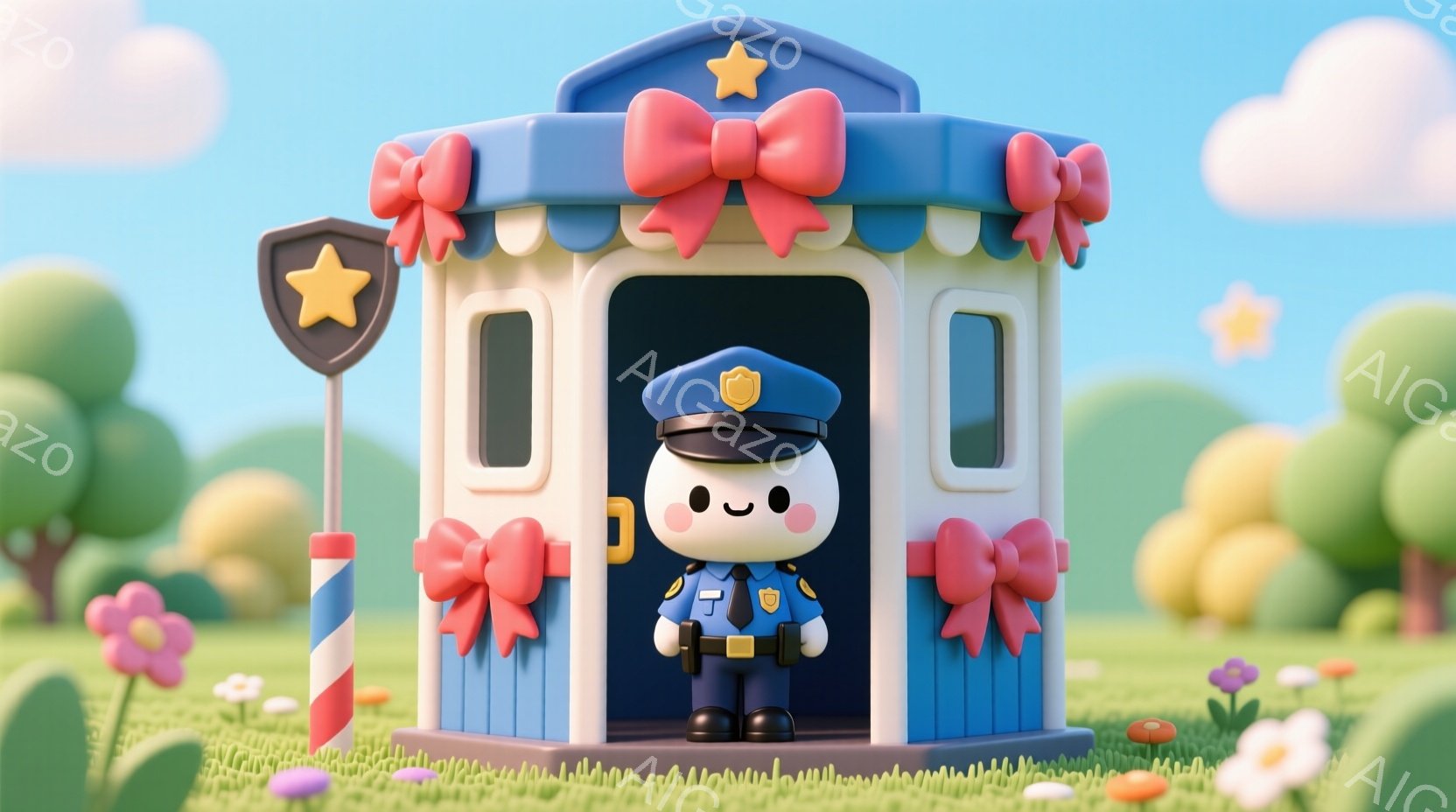 青い警察署のような建物から、制服を着た可愛らしいキャラクターがのぞいています。キャラクターは丸い顔で、つぶらな瞳と小さな口をしており、とても愛らしい表情です。背景には緑の芝生や花、丸い形の木々が広がり、晴れた空の下、暖かく穏やかな雰囲気が漂っています。