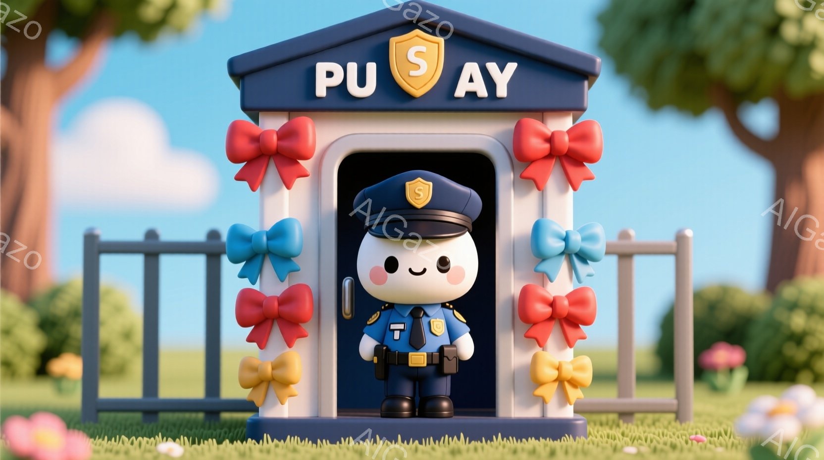 人形が、通りを守るために立ち上がったパトロールボックスのドアから出ている。服装は制服、髪型はシンプルで、表情は優しく挨拶的。背景は春天にも関わらず明るく、自然と建物がある。全体の雰囲気は安全で、礼儀正しいパトロールを表現する。