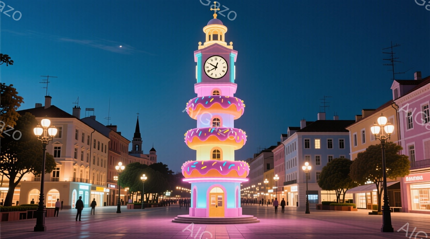 広場の中心には、まるでドーナツのように層状になったカラフルな塔がそびえ立っており、その上部には時計が設置されている。背景にはパステルカラーの可愛らしい建物が並び、木々がシルエットとなって街並みを彩って - AI生成フリー素材