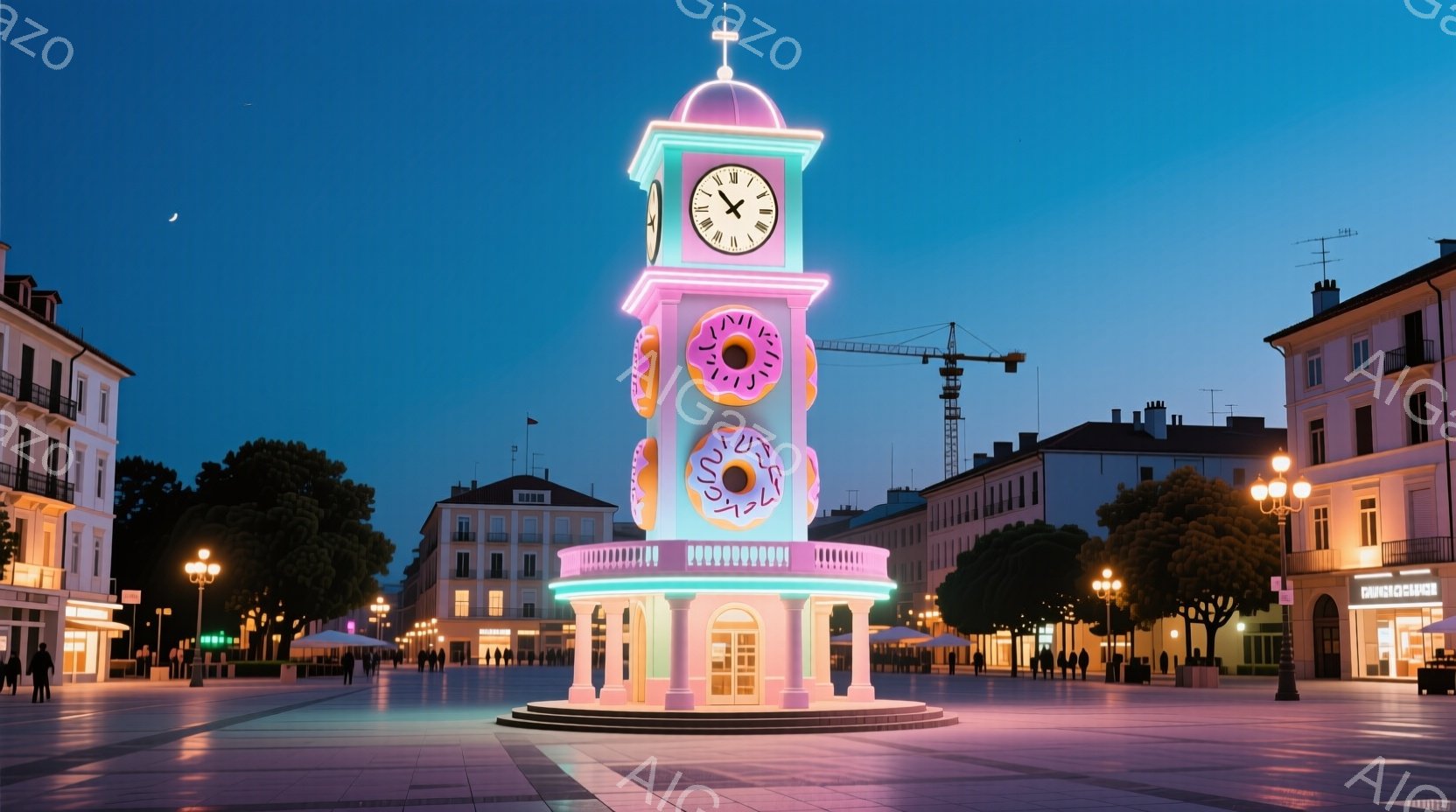 広場にそびえ立つ時計台が、ピンクと水色のネオンで飾られたドーナツで彩られています。建物はヨーロッパ調で、石畳の道と街灯が並び、夕暮れ時の空には薄い雲が広がっています。人々はほとんど見えませんが、広場には数人の影が見え、静かで幻想的な雰囲気を醸し出しています。