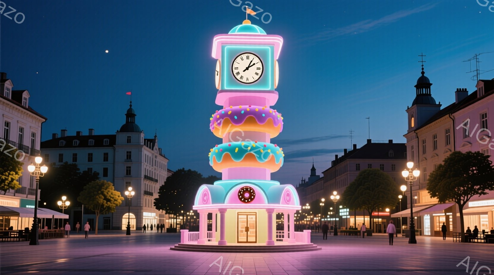 広場の中央には、カラフルなドーナツを積み重ねたような奇抜な時計台がそびえ立っています。周囲はヨーロッパ風の建物が立ち並び、夜空には数個の星が輝き、静かで幻想的な雰囲気を醸し出しています。数人の人々が広場を歩いており、建物や時計台の灯りが彼らを照らしています。