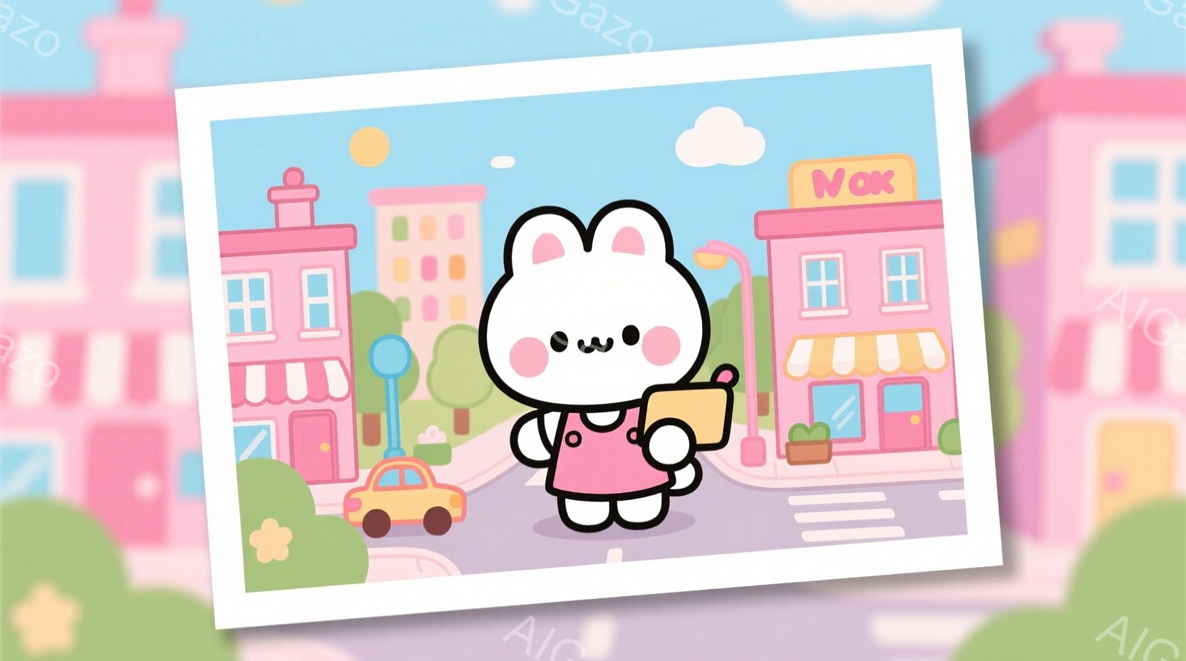 白くて丸いウサギのキャラクターが、ピンク色のスカートと白いブラウスを着ています。ウサギは正面を向き、少し微笑んでおり、手に茶色の袋を持っています。背景には、カラフルな建物、緑の木々、そして晴れた空が広 - AI生成フリー素材