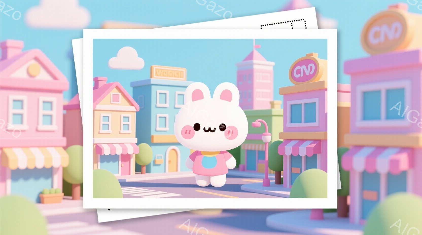 ピンク色の建物が並ぶ街並みを背景に、可愛らしいピンク色のウサギのキャラクターが立っています。ウサギは頬を赤らめて微笑んでおり、少し恥ずかしそうな表情をしています。背景には、かわいらしいデザインの商店や道路があり、全体的に明るく、遊び心のある雰囲気です。