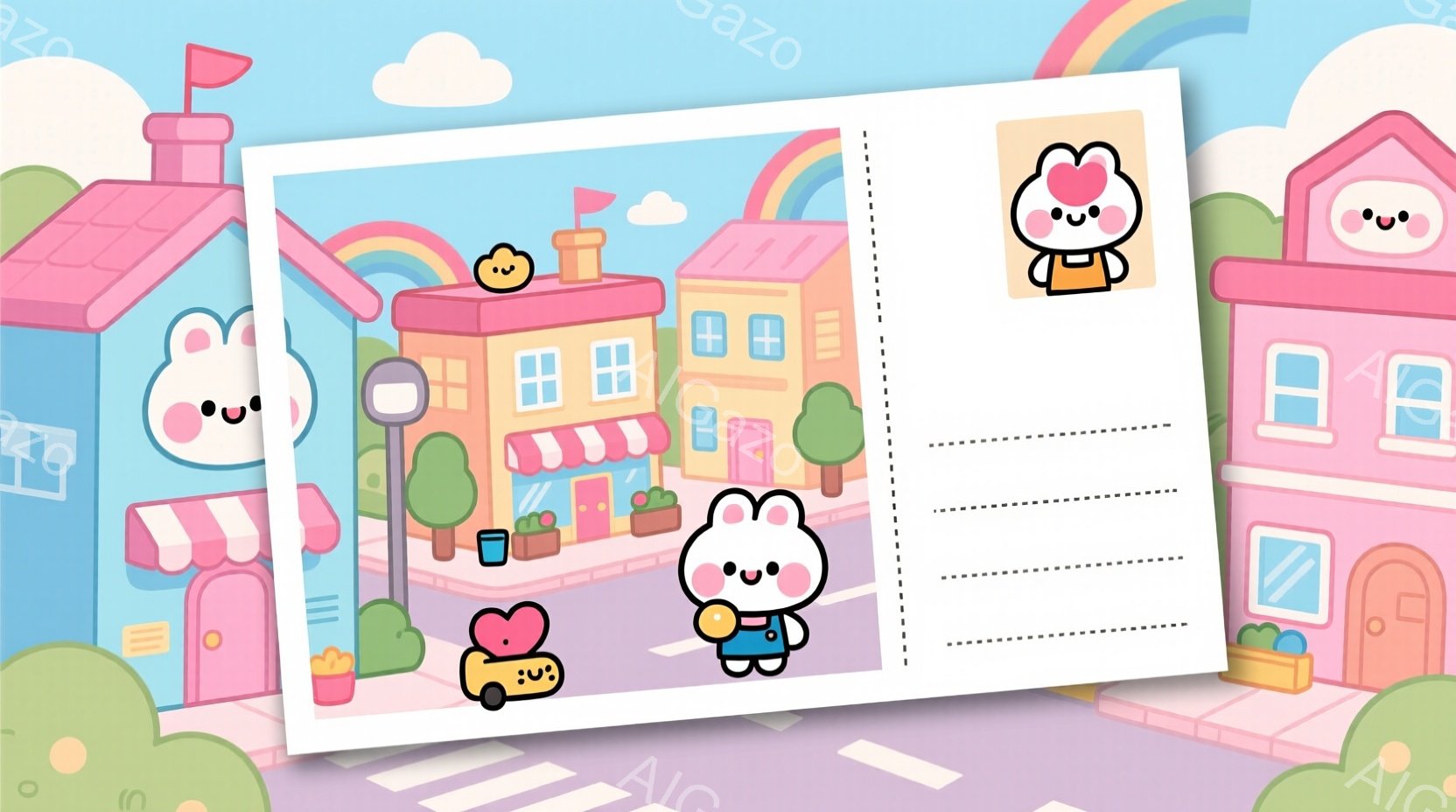 明るいピンクとオレンジ色の建物が並ぶ街並みで、可愛らしいキャラクターが描かれています。白いウサギのキャラクターは青いオーバーオールと赤いシャツを着て、手を広げて何かを楽しんでいるようです。背景には、花 - AI生成フリー素材