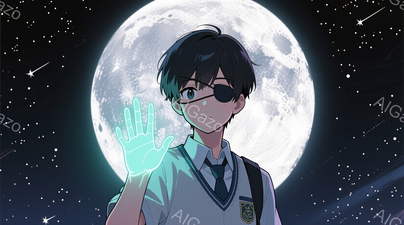 黒髪の少年が、制服姿で夜空を背景に立っている。左目に眼帯をしており、右手を光らせて伸ばしている様子が、神秘的な雰囲気を醸し出している。背景には満月と星が散りばめられており、夜空の暗さと少年の光がコント - AI生成フリー素材
