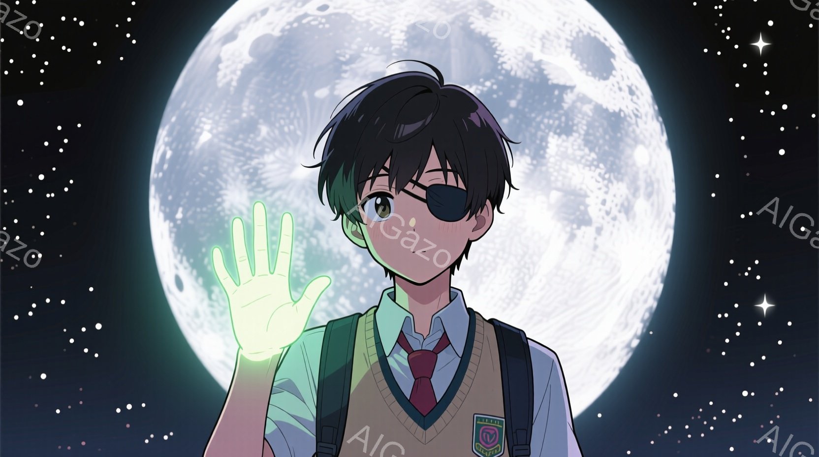 黒髪で、少しカールした髪型の少年が描かれています。彼は制服を着ており、左目に眼帯をつけています。背景には巨大な満月と星空が広がり、少年の伸ばした手が淡い光を放っています。 - AI生成フリー素材