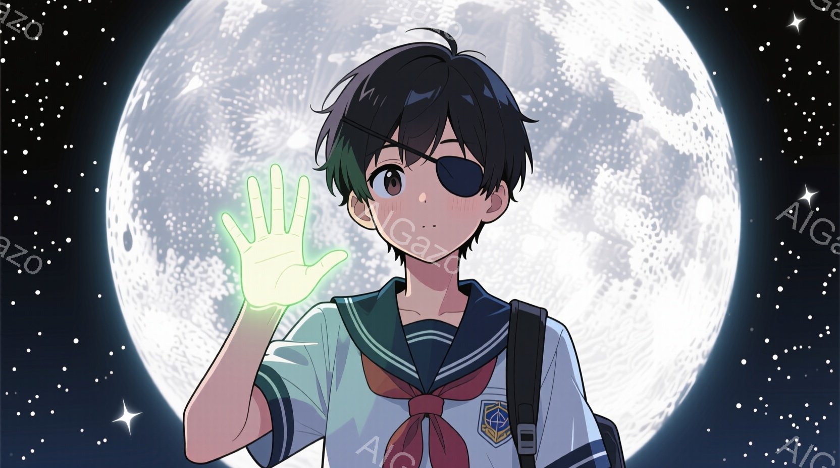 このイラストは、夜空を見つめる少年を描いています。彼は学生服を着ており、片目が義眼となっています。手をあげて「ハイ！」と挨拶するように、一つの手を挙げています。背景は夜空で、月が映り込んでいます。彼の表情は心地よく、挨拶の姿勢は親切な印象を与えます。