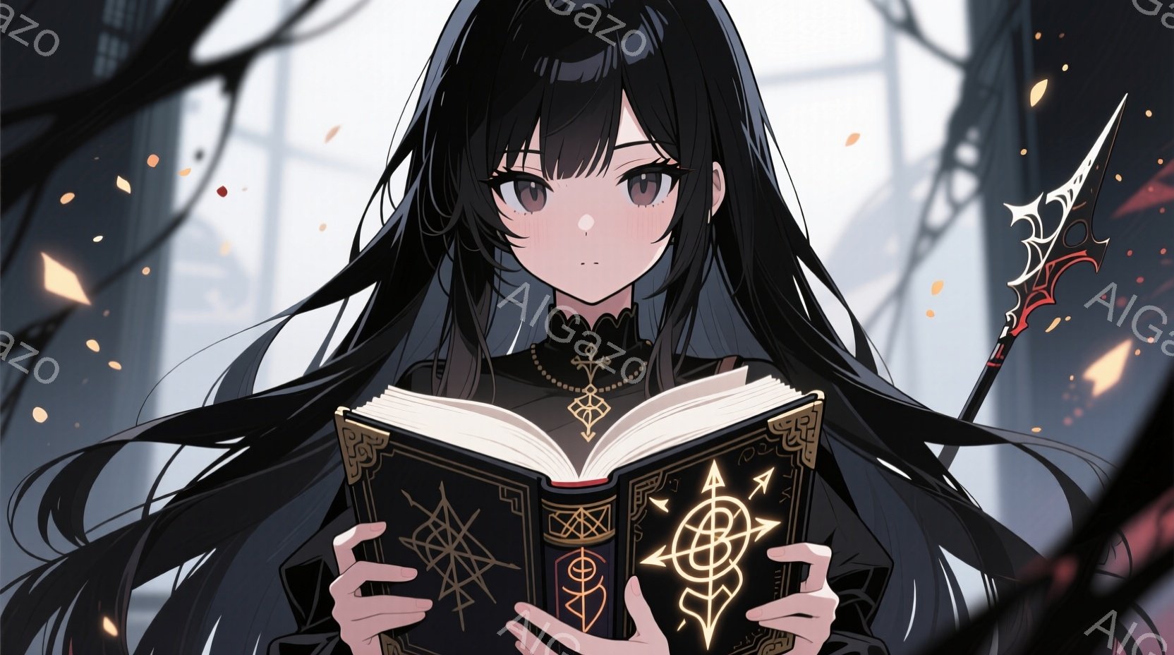 長い黒髪の少女が、装飾が施された古書を開いて読んでいる。彼女は黒いドレスを着ており、首元にはリボンが結ばれている。背景には薄暗い建物と、魔法陣のような模様が浮かび上がり、神秘的な雰囲気を醸し出している。
