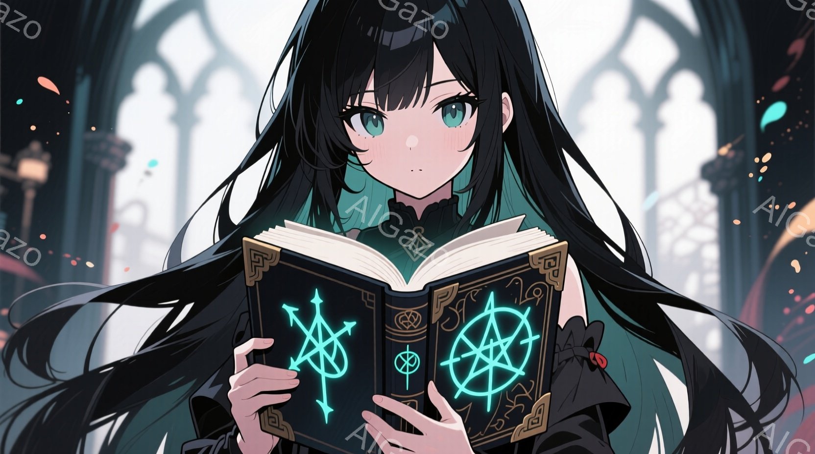 長い黒髪の少女が、象徴的な模様が描かれた分厚い本を開いて読んでいる。彼女は黒いドレスを着ており、首元にはフリルが付いている。背景はゴシック様式の建築物で、薄暗い光の中で神秘的な雰囲気を醸し出している。 - AI生成フリー素材