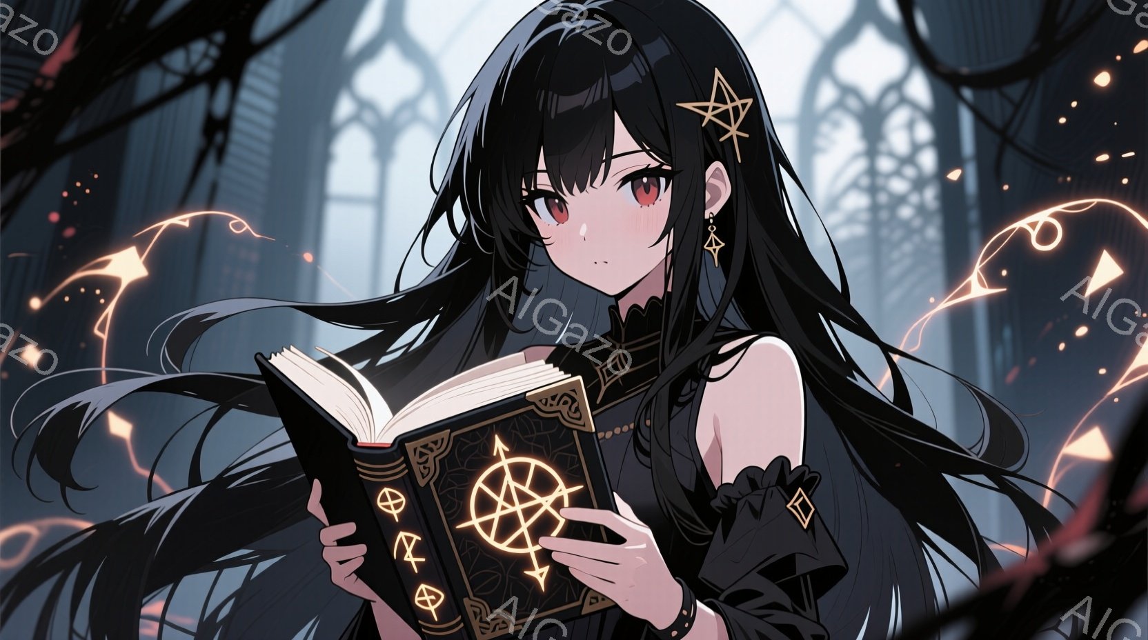 黒髪の少女が、ペンタグラムが描かれた黒い表紙の本を開いて読んでいる。彼女は黒いフリル付きのドレスを着ており、赤い瞳と少し挑戦的な表情をしている。背景には尖塔のある建物と、魔法のような光の粒子が漂い、神秘的で少し不気味な雰囲気を醸し出している。