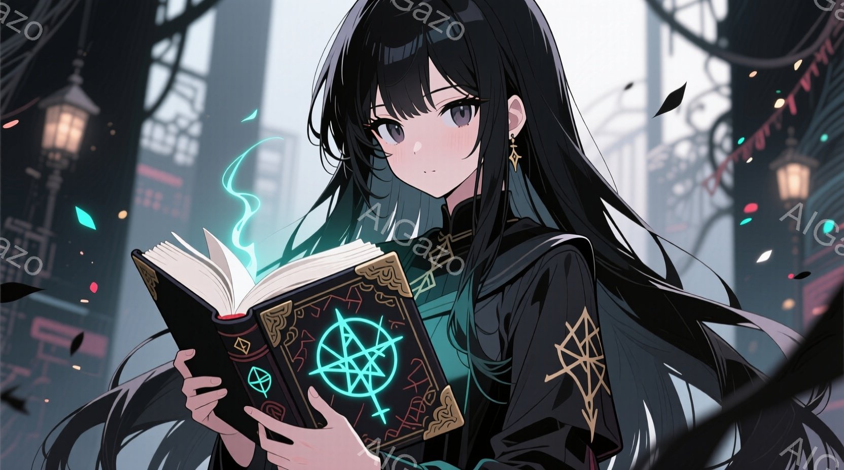 長い黒髪を靡かせ、深い緑色の瞳を持つ少女が、装飾が施された厚い本を開いて読んでいる。彼女は黒いローブのような衣装を着ており、袖には星のような模様が描かれている。背景には暗い街並みと、ぼんやりとした街灯 - AI生成フリー素材