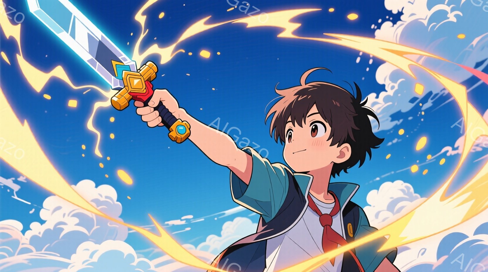 少年は青い空を背景に、光り輝く剣を高く掲げています。彼は白いシャツに紺色のブレザー、赤いネクタイという制服姿で、黒い髪は少し跳ねています。背景には白い雲が広がり、剣から放たれるような金色の光が渦巻いて - AI生成フリー素材