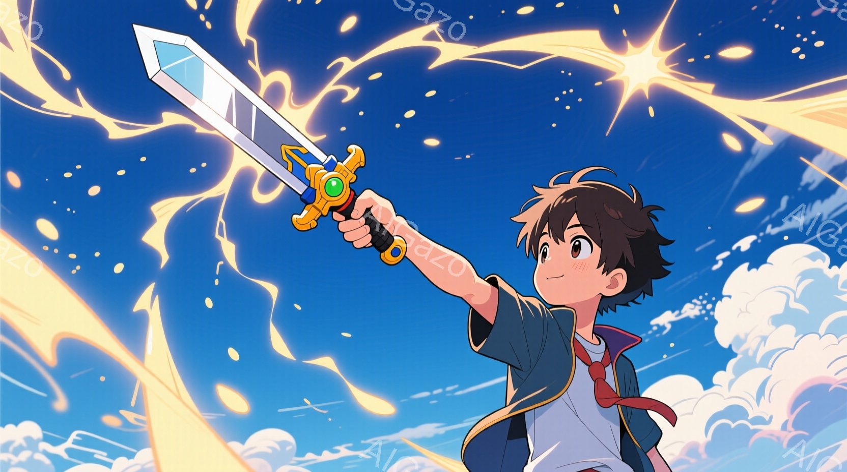 少年は、金色の装飾が施された柄の剣を高く掲げています。彼は短い黒髪で、赤いスカーフを首に巻き、白いシャツに青いベストを着ています。背景は青空と白い雲で、金色の光の線が剣から放射されており、力強く希望に - AI生成フリー素材