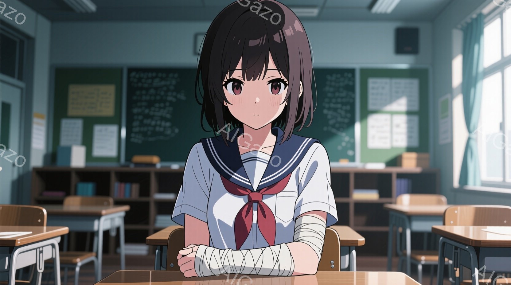 教室にいる黒髪の少女を描いています。彼女は制服を着ており、赤いネクタイと白いブラウス、濃い青色のブレザーが特徴的です。腕に包帯が巻かれており、少し困ったような表情をしています。