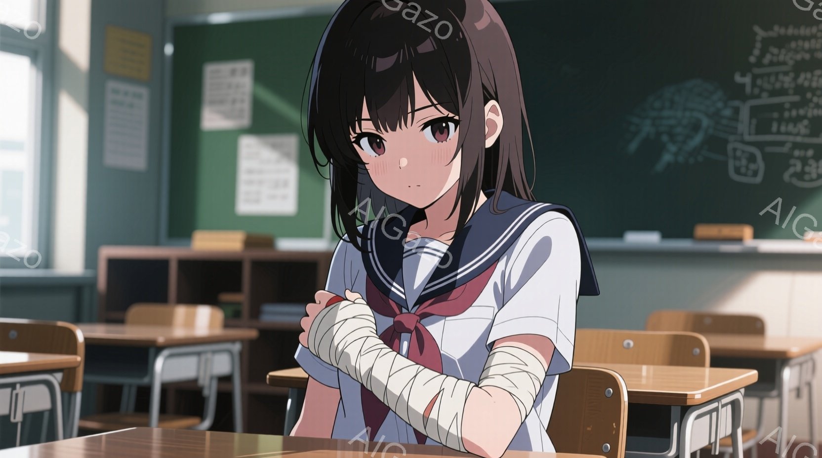 少女は教室に座っており、セーラー服を着ています。彼女の髪は黒く、肩のあたりで切り揃えられています。腕には包帯が巻かれており、少し心配そうな表情をしています。 - AI生成フリー素材