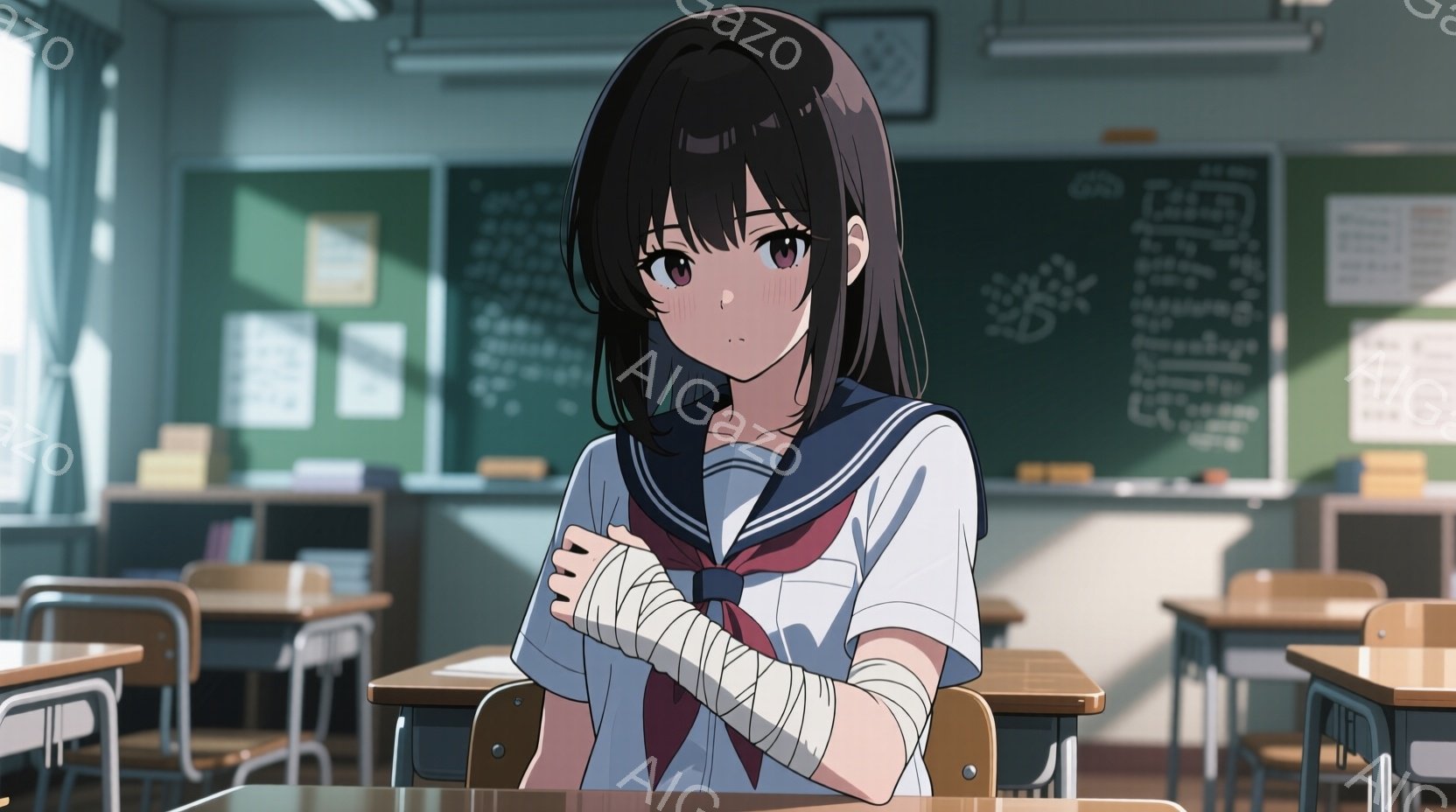 長い黒髪を肩のあたりで切りそろえた少女が描かれている。彼女は学校の制服に身を包み、腕には包帯が巻かれている。教室の机に寄りかかり、不安げな表情で腕を抱えている様子から、どこか寂しげな雰囲気が漂う。 - AI生成フリー素材