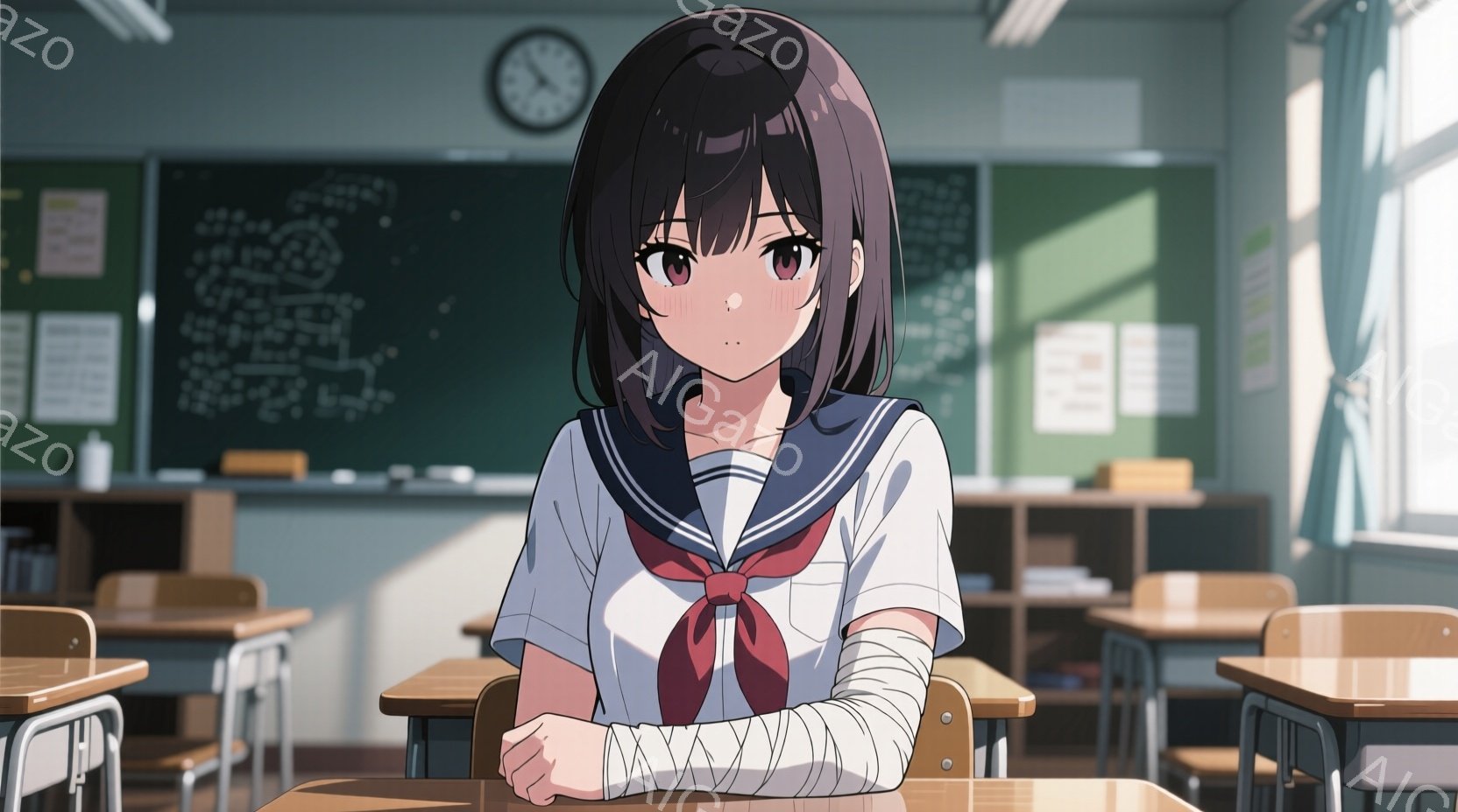 短い黒髪の少女が教室に座っており、制服のセーラー服を着ています。彼女は少し憂いを帯びた表情で、腕に包帯を巻いており、どこか寂しげな雰囲気を醸し出しています。教室は木製の机と椅子が整然と並び、黒板には数式が書かれており、日差しが差し込む穏やかな空間です。