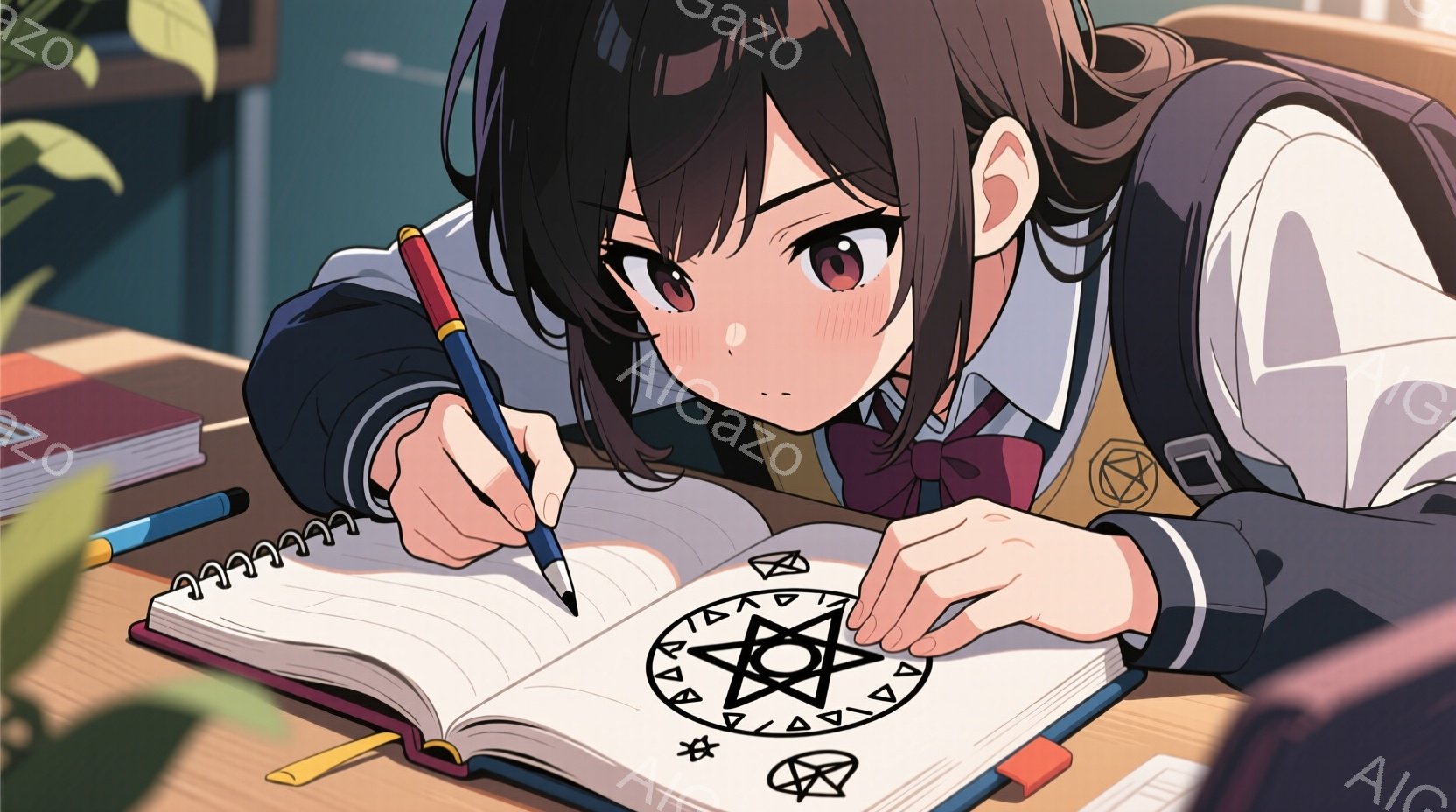 制服を着た少女が描かれており、黒髪をポニーテールにまとめ、集中した表情でノートに何かを描いています。彼女はネクタイとセーターベストを着ており、机の上には開いたノートとペン、そして描かれた魔法円のような - AI生成フリー素材
