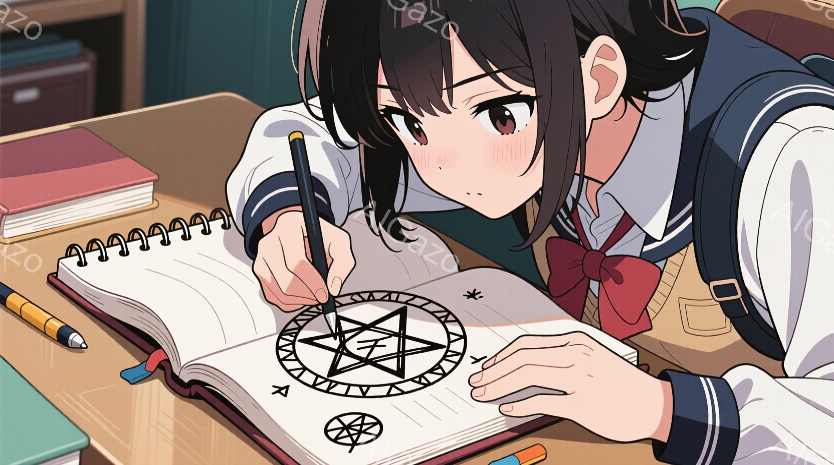 黒髪で、前髪を少しカールさせた少女が描かれている。彼女はセーラー服を着ており、赤いリボンが目を引く。机に向かい、ノートにペンで複雑な図形を描いており、集中した表情をしている。