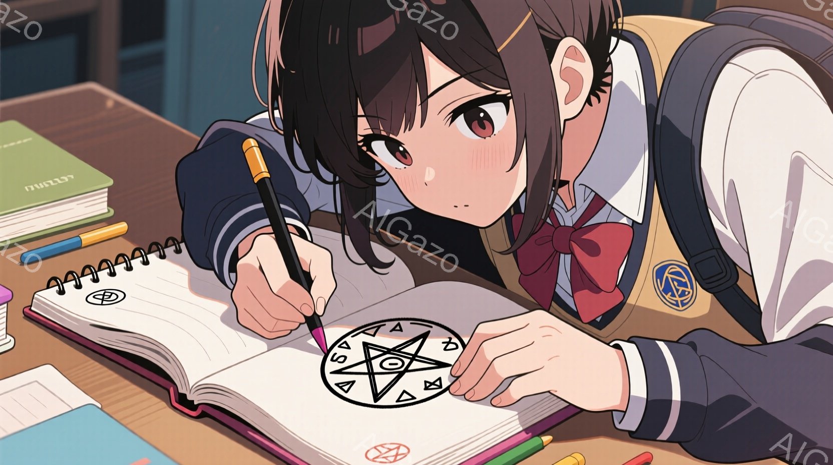 茶色の髪をポニーテールにした若い女性が描画に集中している様子を示しています。彼女は制服を着ており、赤いリボンと白いシャツ、そして濃い色のジャケットを着ています。彼女は机の上に置かれたノートにペンで複雑 - AI生成フリー素材