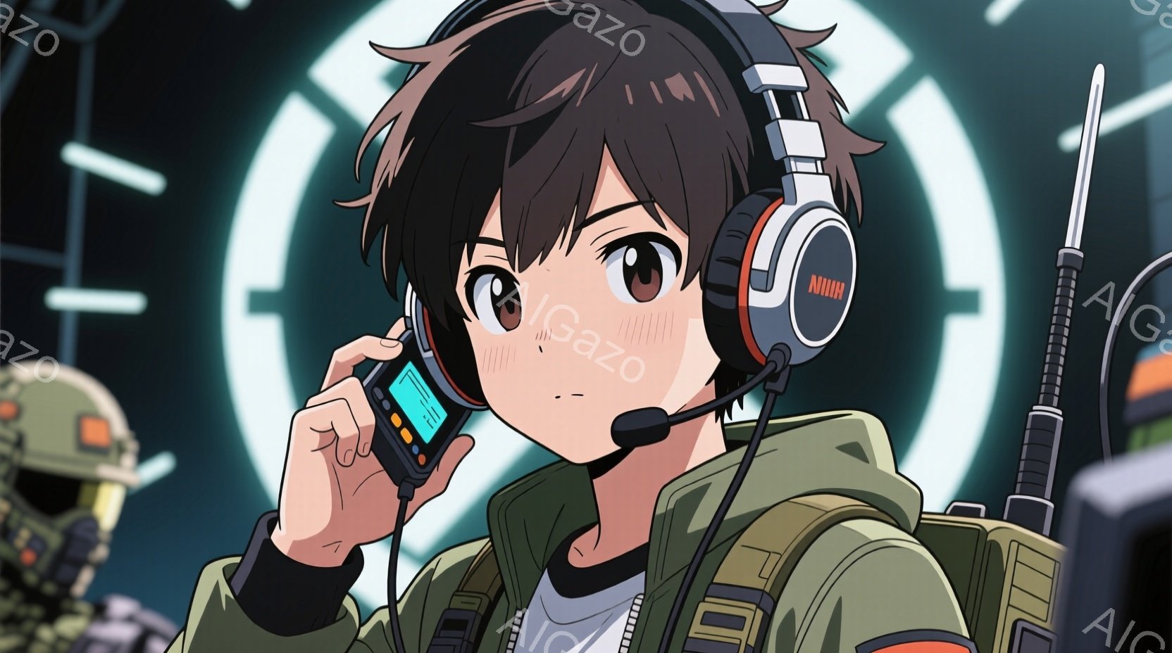 若い男性は緑色のジャケットと白いTシャツを着ており、ヘッドセットを装着しています。彼は少し頬を赤らめ、通信機を手に持って何かを確認している様子で、緊張または興奮している表情を浮かべています。背景には、抽象的な円形の光と、かすかに見えるメカニカルな構造物があり、近未来的な雰囲気を醸し出しています。