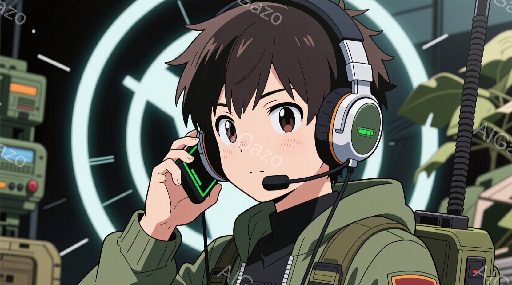 若い男性は、緑色の軍服のようなジャケットと黒いインナーを着ており、ヘッドセットを装着しています。彼は少し頬を赤らめ、真剣な表情で電話（または通信機）を受けており、わずかに上目遣いです。背景には、メカニカルな装置や緑豊かな植物が見え、未来的な基地のような空間にいることを示唆しています。