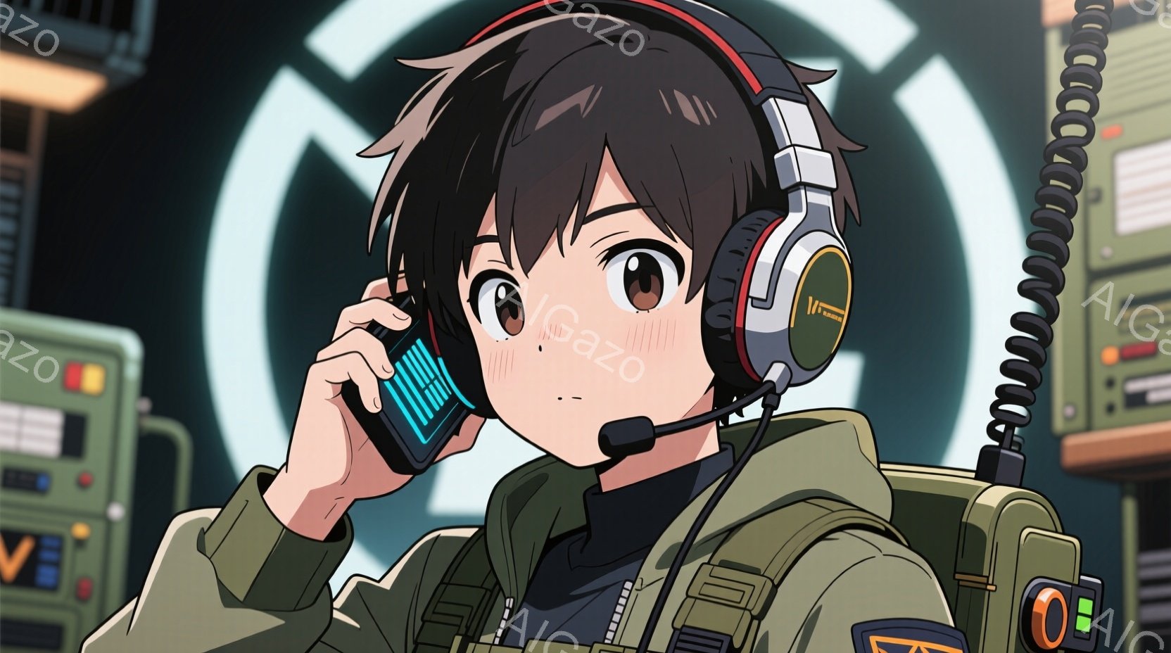 ヘッドセットを装着した若い男性のクローズアップです。彼は緑色のジャケットと黒いシャツを着ており、少し頬を赤らめています。背景には、コントロールパネルや配線が見える近代的な施設の内部があり、緊張感と集中を漂わせる雰囲気です。