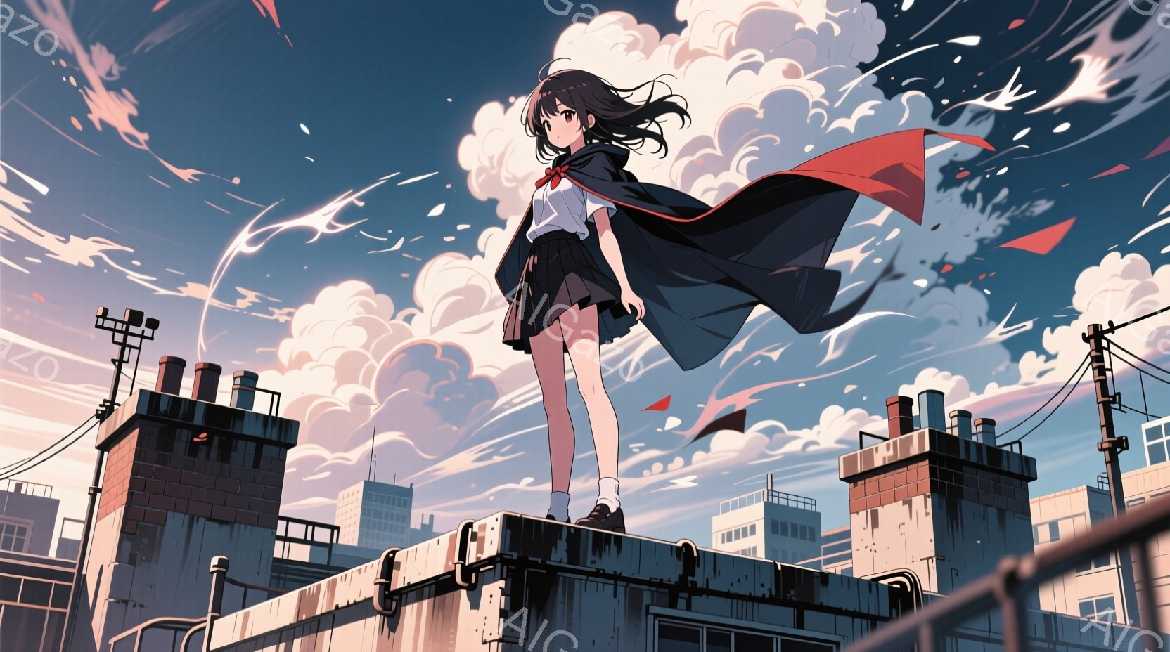長い黒髪を靡かせ、セーラー服姿の少女が屋根の上を歩いている。風が強く吹き、リボンや服の一部が風に舞っている様子が描かれている。背景には高層ビル群と夕焼け空、そして流れるような雲が広がり、どこか懐かしい - AI生成フリー素材