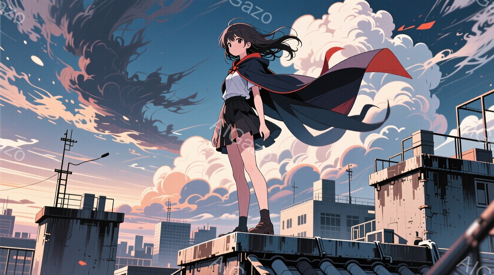 長い黒髪を靡かせ、セーラー服姿の少女が建物の屋上に立っている。彼女は赤いスカーフのようなものを肩にかけ、少し上目遣い、どこか決意に満ちた表情をしている。背景には高層ビル群が広がり、夕焼けと雲が織りなすドラマチックな空が広がっている。