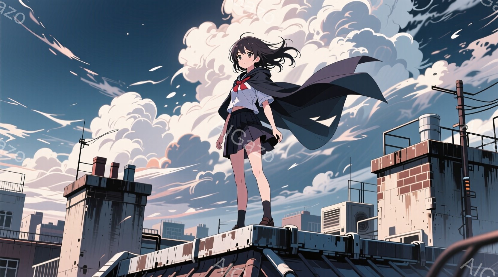 短い黒髪の少女が、レンガ造りの屋上に立っている。紺色のブレザーに白いシャツ、チェックのスカート、黒い靴下とローファーという制服姿で、風になびく長いスカーフを身につけている。背景には、他の建物や空に広が - AI生成フリー素材