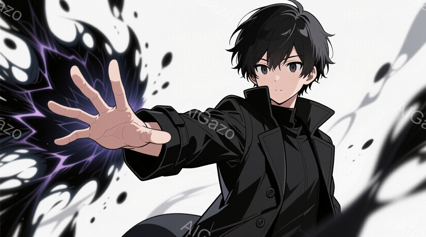 黒髪の男性が、黒いコートを着て、片手を前に伸ばしています。彼の表情は真剣で、指先からは紫色のエネルギーが渦巻いています。背景は白く、黒いインクのような模様が漂い、神秘的で力強い雰囲気を醸し出しています - AI生成フリー素材