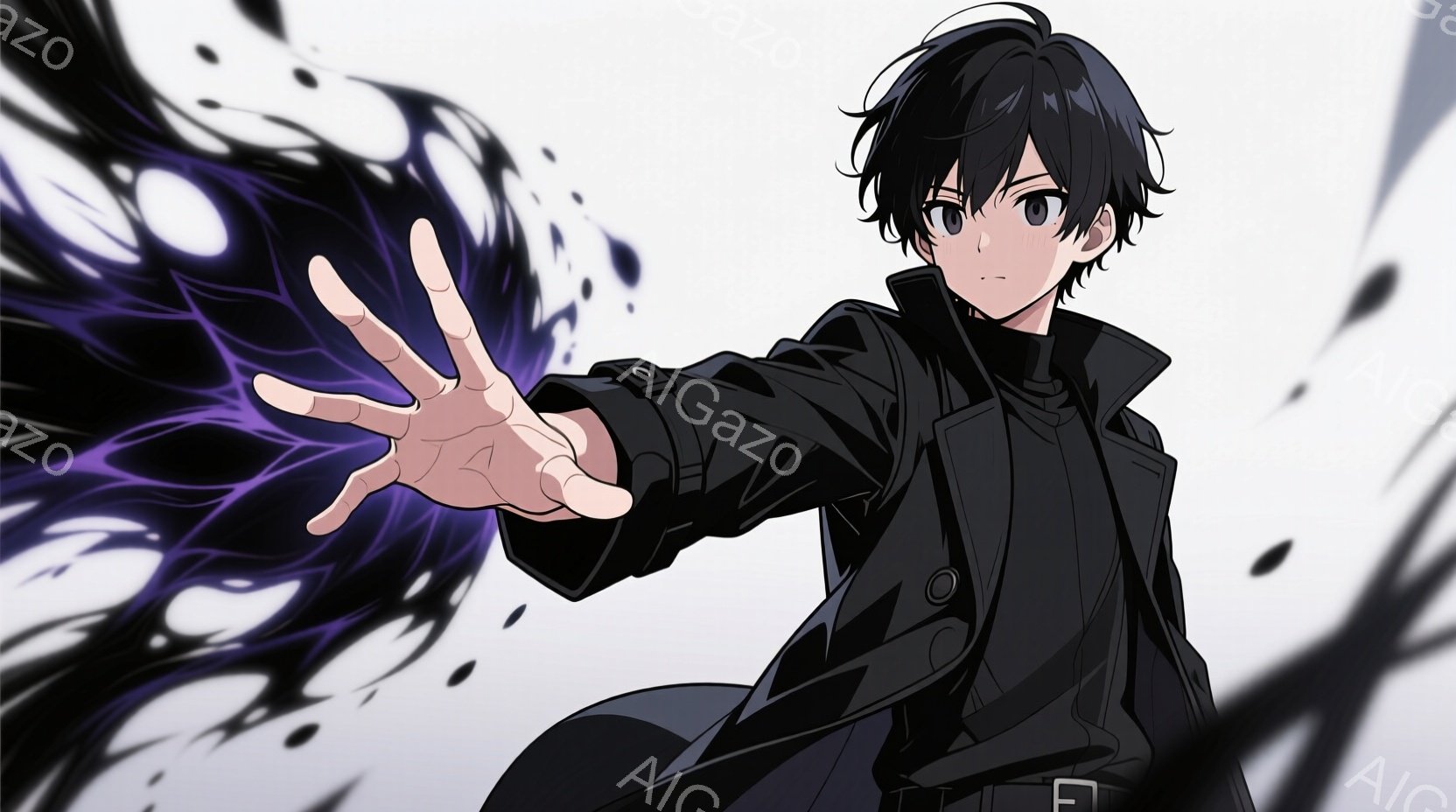黒髪で、少し無表情な表情の若い男性が描かれています。彼は黒いコートとシャツを着ており、片手を伸ばして紫色のエネルギーのようなものを操っているようです。背景は白く、紫色のエネルギーが飛び散っており、全体 - AI生成フリー素材
