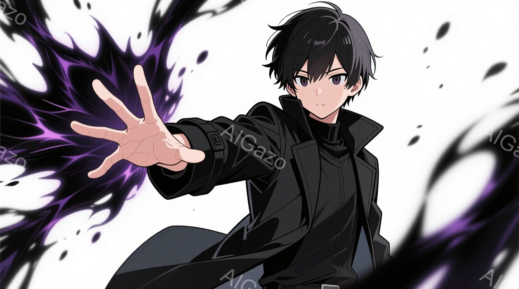 黒髪の若者が、黒いジャケットとシャツを着て、片手を前に伸ばしています。彼は、自信に満ちた表情で、紫色のエネルギーのようなものが背後から溢れ出しています。背景は白く、エネルギーの渦がドラマチックな雰囲気 - AI生成フリー素材
