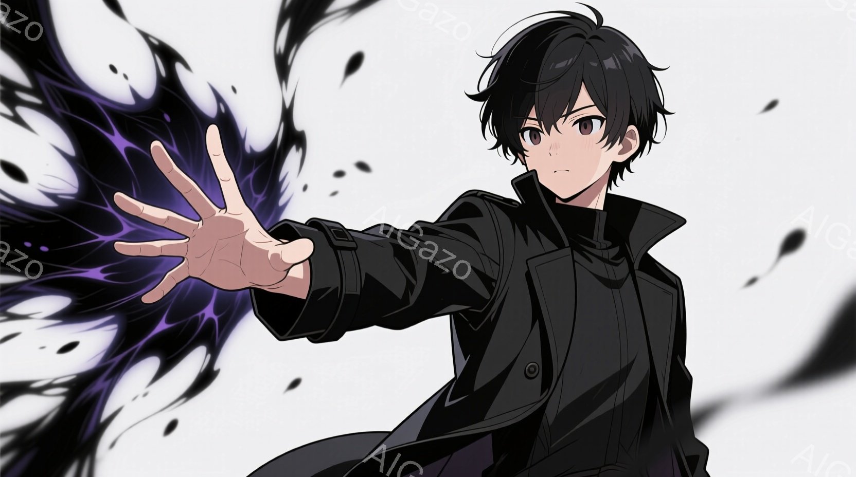 黒髪で、少し無表情な少年が描かれています。黒いコートを着ており、片手を伸ばして紫色の黒いエネルギーのようなものを操っているように見えます。背景は白く、エネルギーの粒子が漂っており、神秘的で力強い雰囲気 - AI生成フリー素材